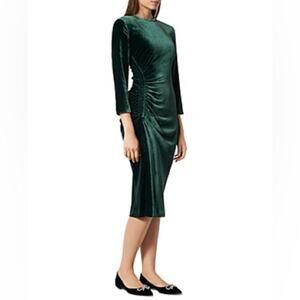 L.K. Bennet Women’s Izzy Forest Green Velvet Ruched long Sleeve Midi Dress 12